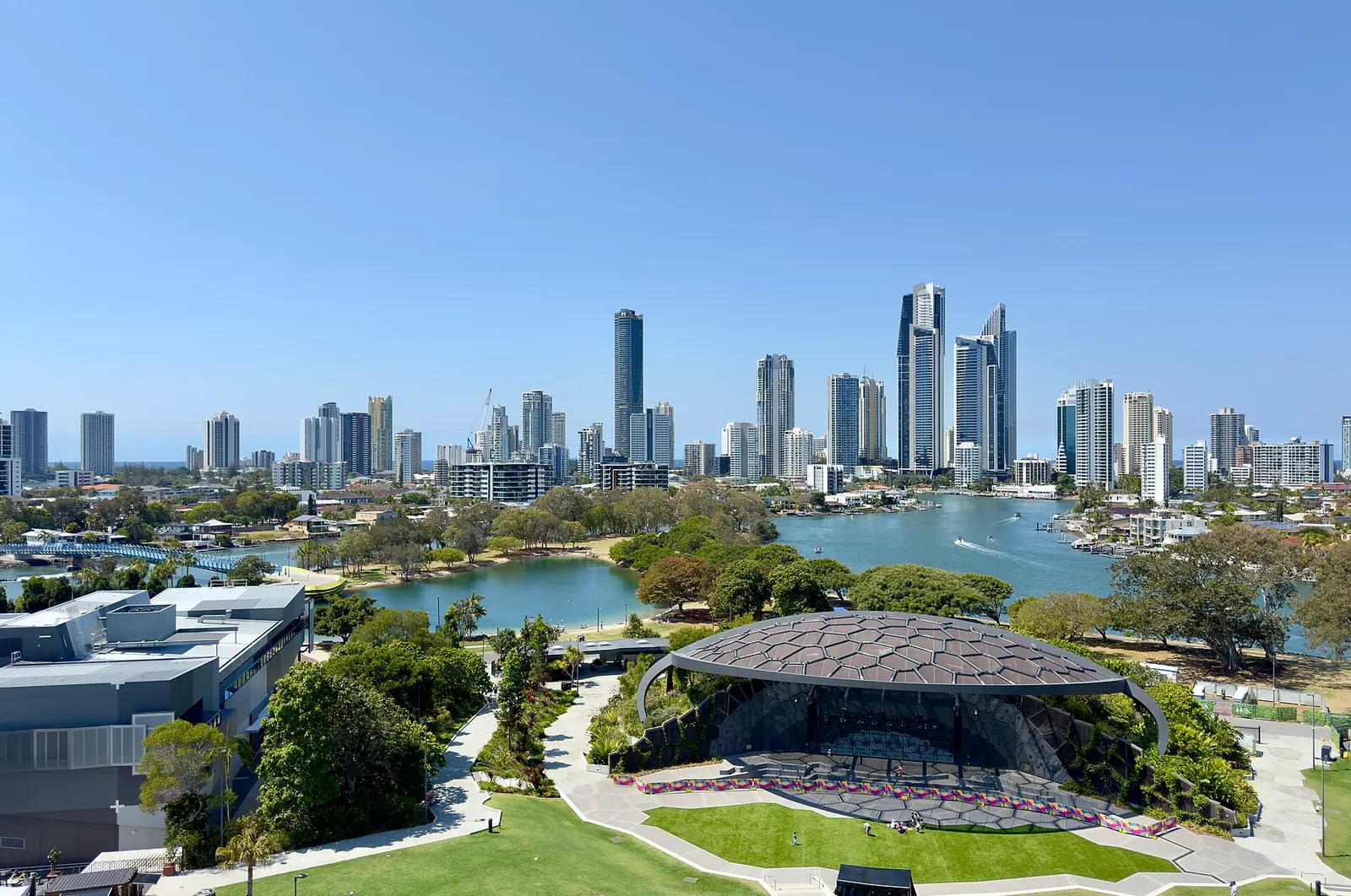 Surfers Paradise high-rise skyline rising above the waterways of the Gold Coast