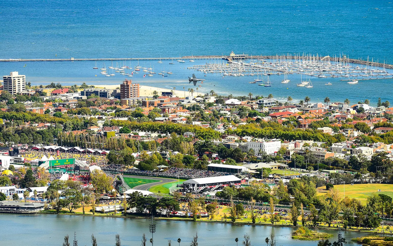 Aerial view over Albert Park lake and the Melbourne Grand Prix circuit during the 2014 race weekend