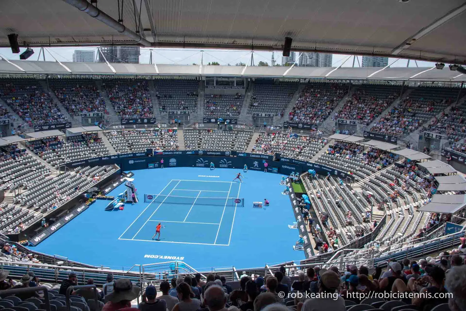Tennis court and stands during the Sydney International at Sydney Olympic Park